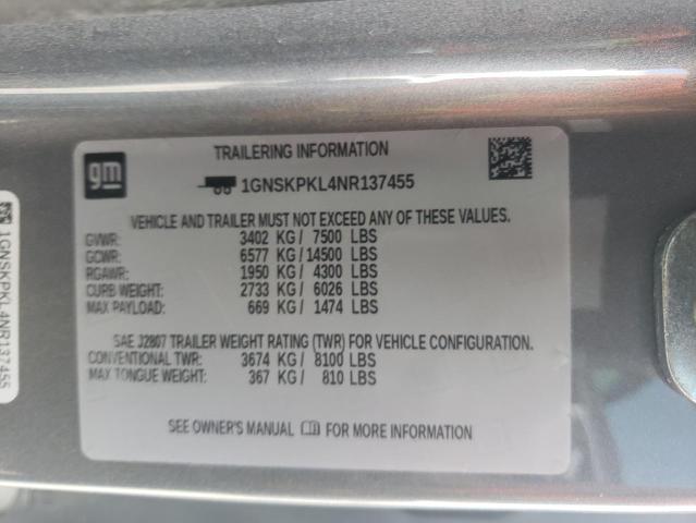 2022 Chevrolet Tahoe K1500 Z71 VIN: 1GNSKPKL4NR137455 Lot: 59945084