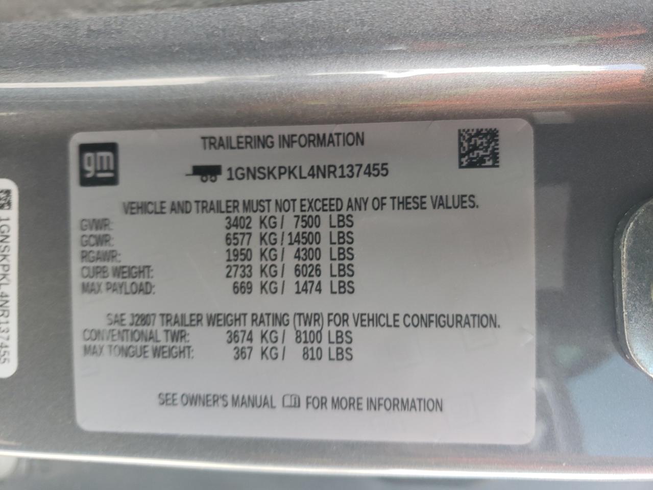 1GNSKPKL4NR137455 2022 Chevrolet Tahoe K1500 Z71