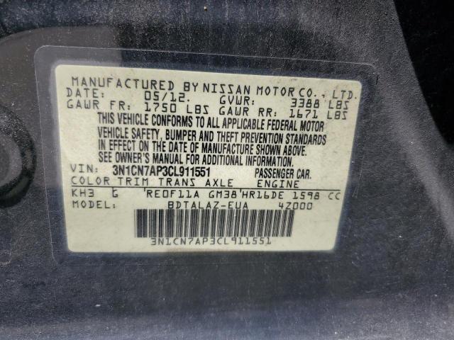 2012 Nissan Versa S VIN: 3N1CN7AP3CL911551 Lot: 58263524