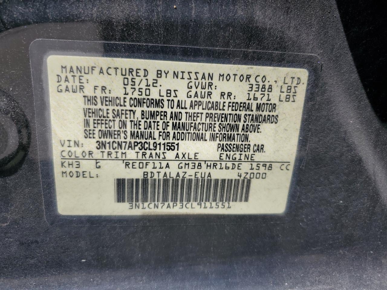 3N1CN7AP3CL911551 2012 Nissan Versa S