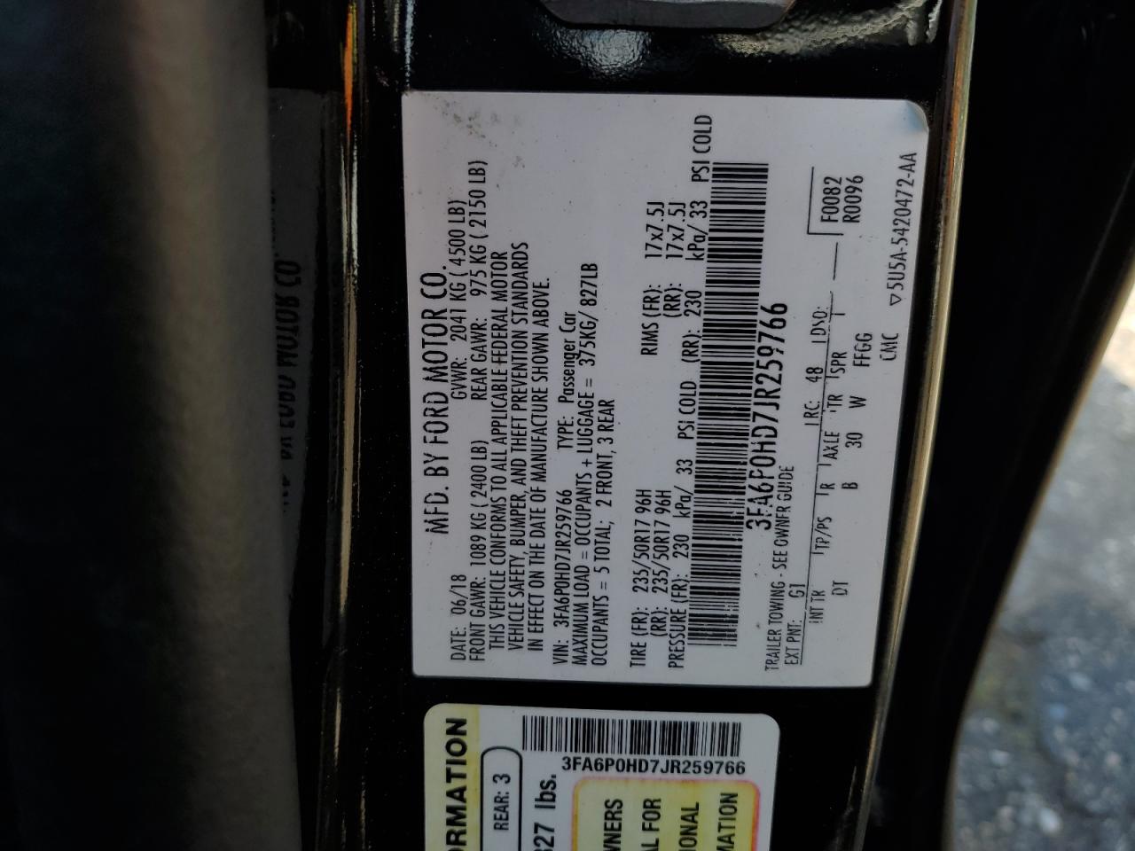 3FA6P0HD7JR259766 2018 Ford Fusion Se