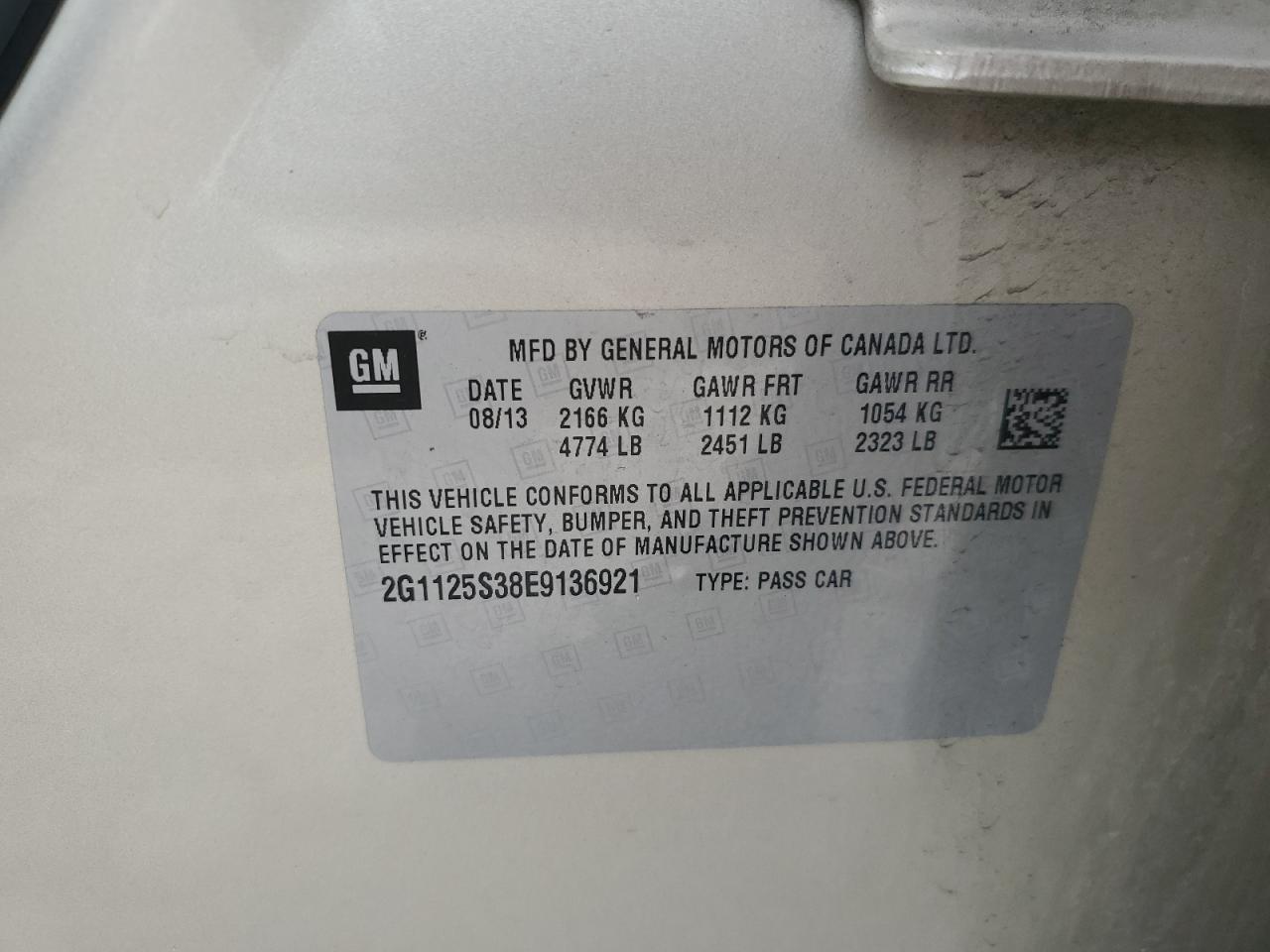 2G1125S38E9136921 2014 Chevrolet Impala Lt