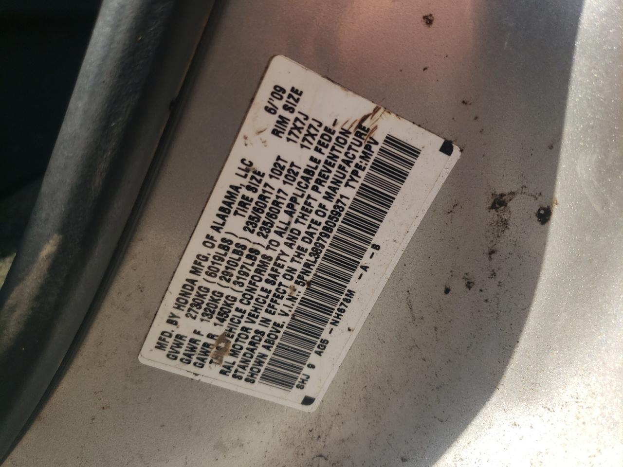 5FNRL38979B059371 2009 Honda Odyssey Touring