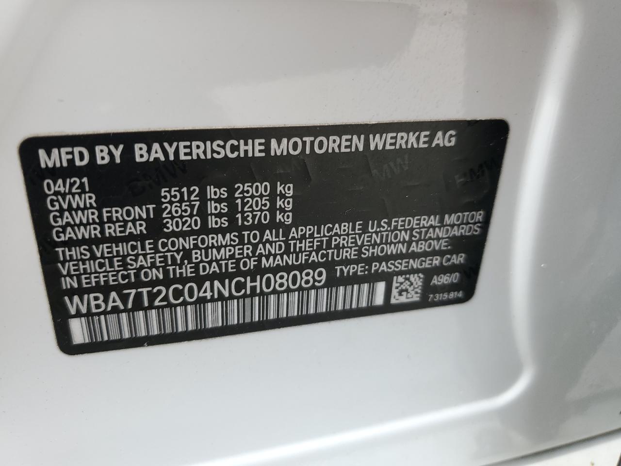 WBA7T2C04NCH08089 2022 BMW 740 I