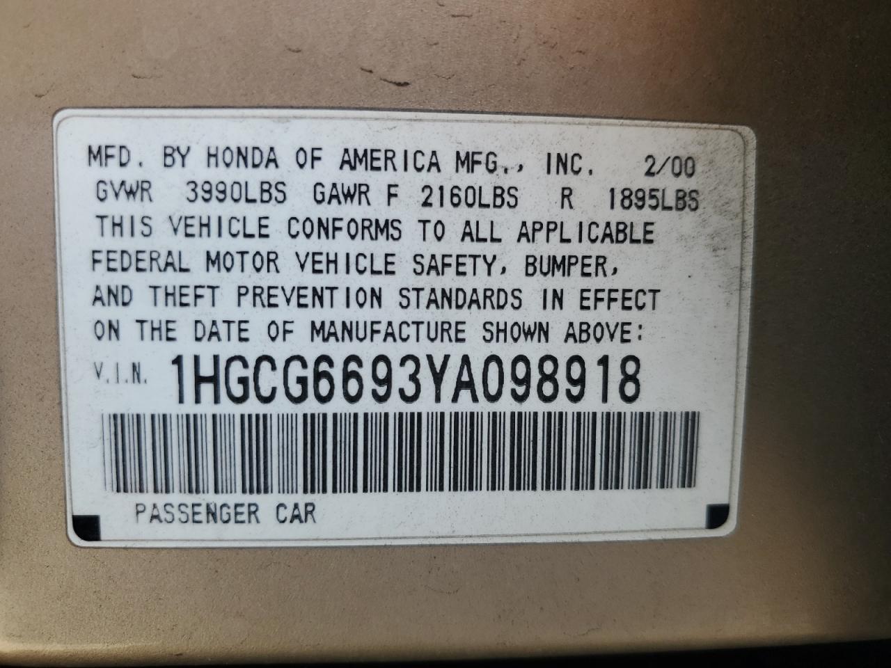 1HGCG6693YA098918 2000 Honda Accord Se