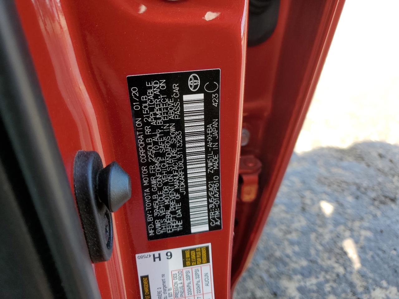 JTDKARFUXL3113283 2020 Toyota Prius L