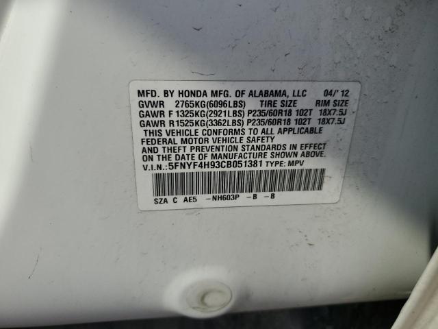 2012 Honda Pilot Touring VIN: 5FNYF4H93CB051381 Lot: 59488244