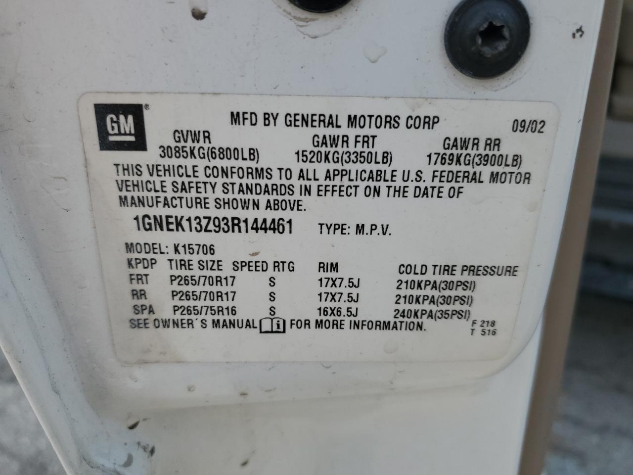 1GNEK13Z93R144461 2003 Chevrolet Tahoe K1500