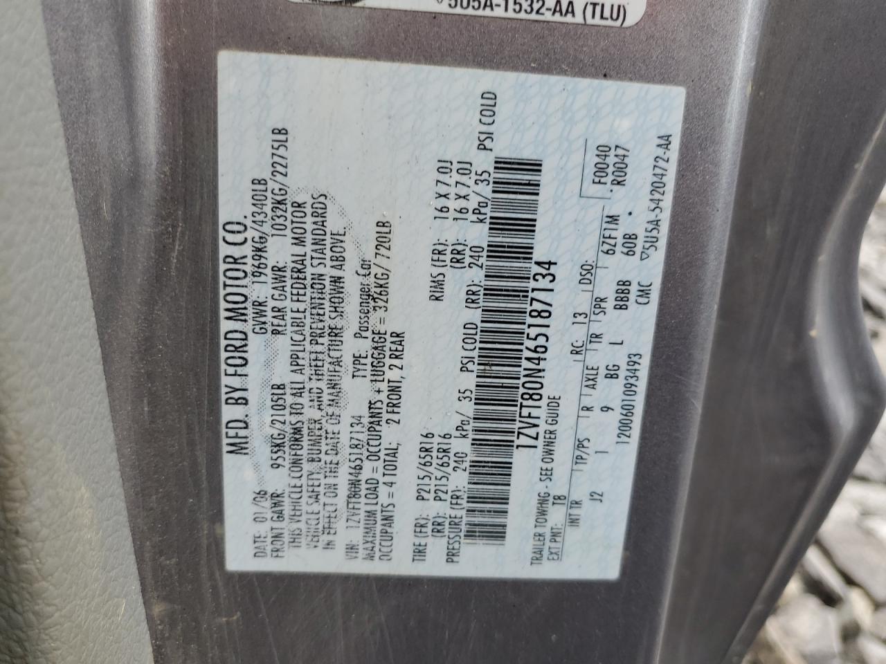 1ZVFT80N465187134 2006 Ford Mustang