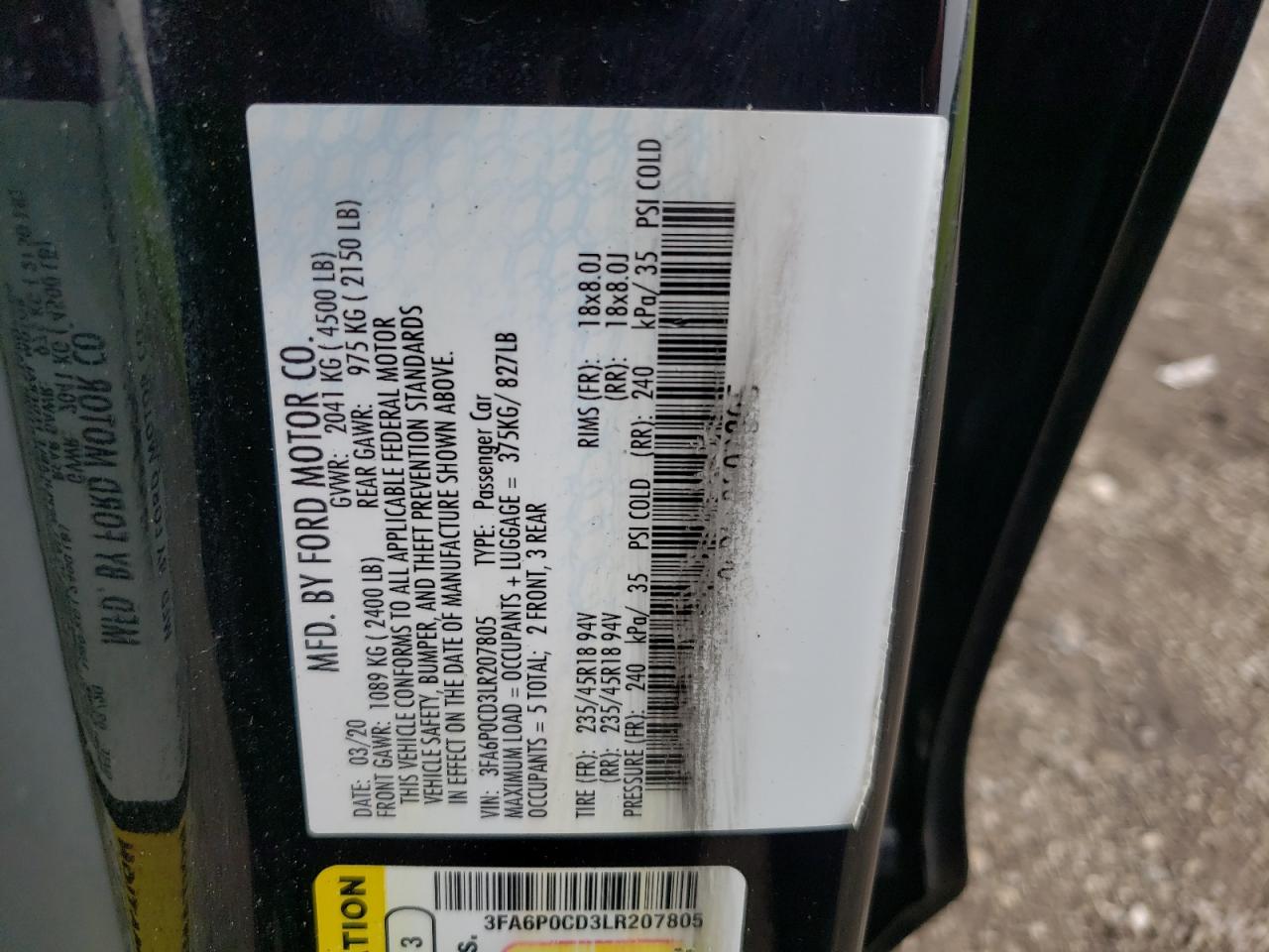 3FA6P0CD3LR207805 FORD FUSION 2020