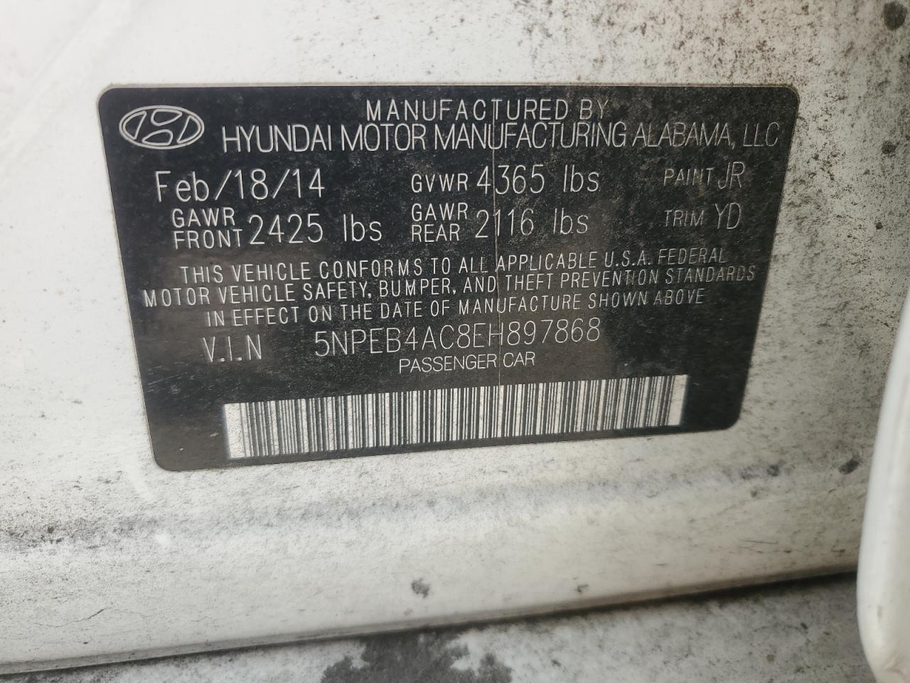 5NPEB4AC8EH897868 2014 Hyundai Sonata Gls