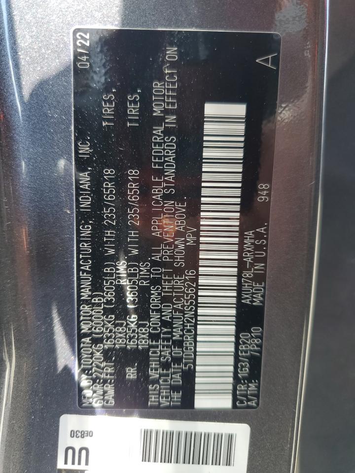 5TDGBRCH2NS556216 2022 Toyota Highlander Hybrid Xle