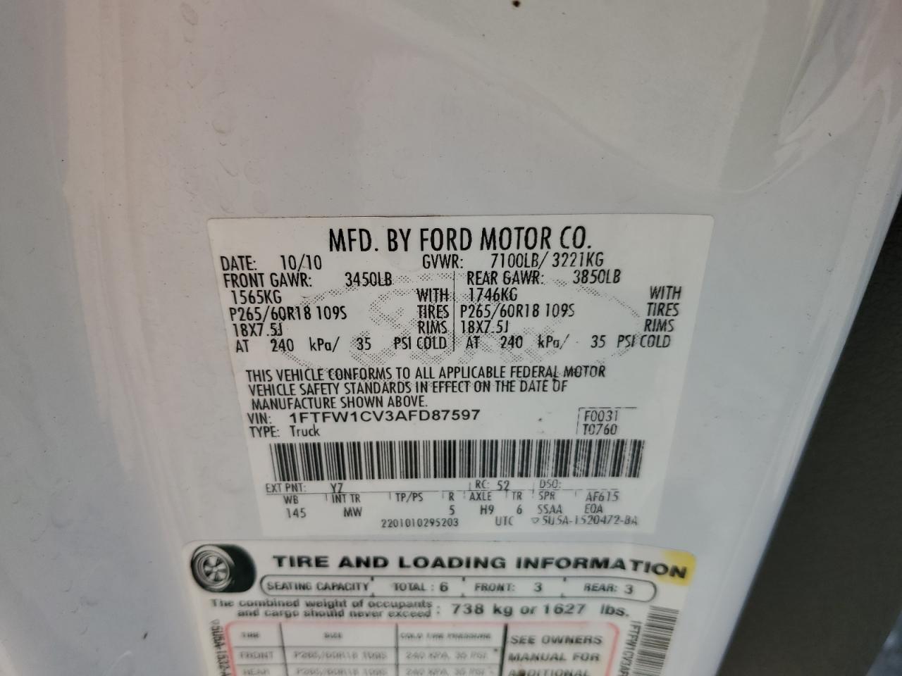 1FTFW1CV3AFD87597 2010 Ford F150 Supercrew