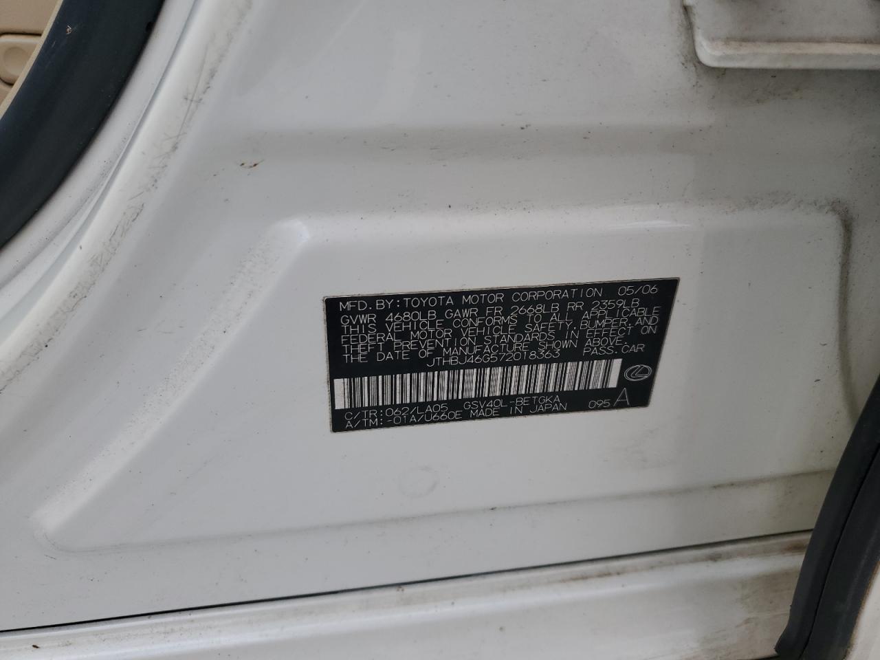 JTHBJ46G572018363 2007 Lexus Es 350