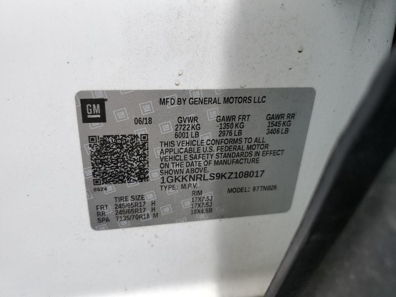 1GKKNRLS9KZ108017 2019 GMC Acadia Sle