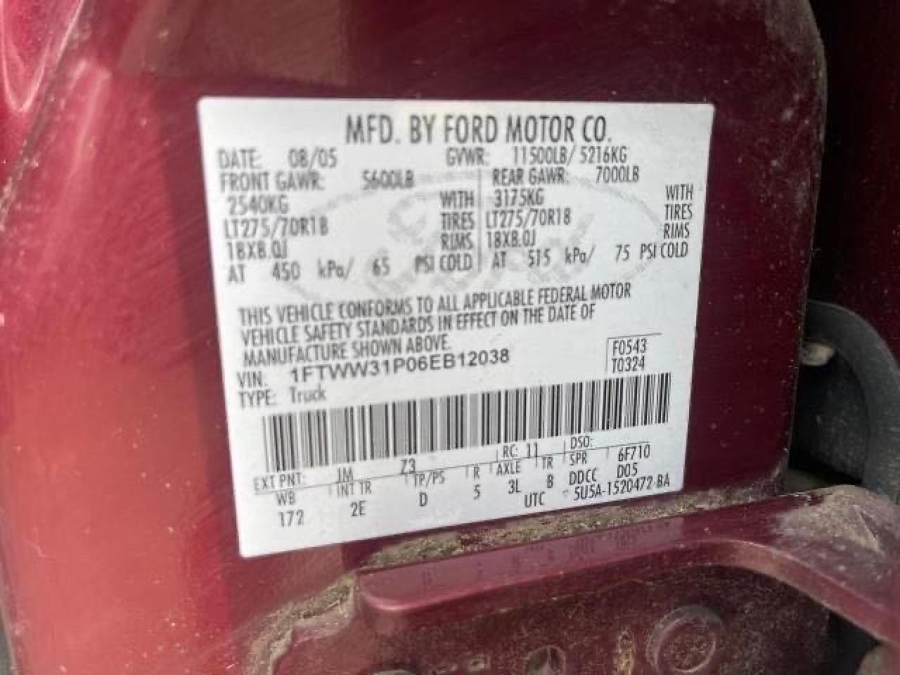 1FTWW31P06EB12038 2006 Ford F350 Srw Super Duty