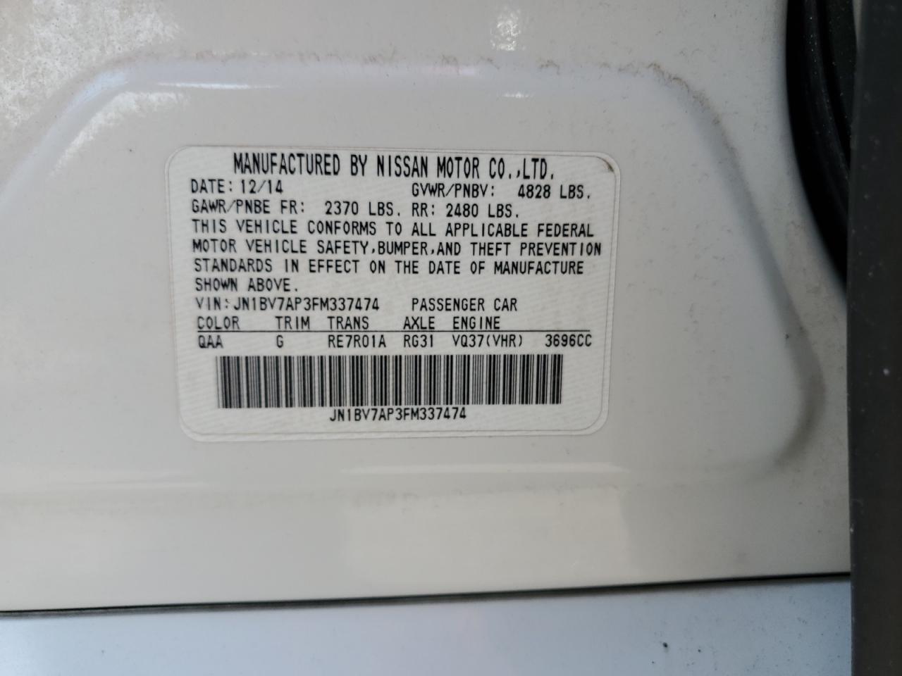 JN1BV7AP3FM337474 2015 Infiniti Q50 Base