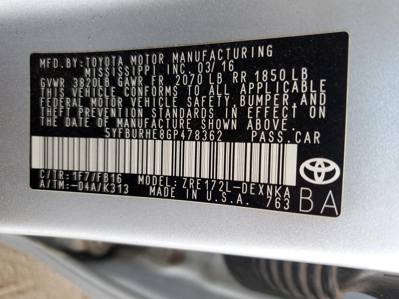 5YFBURHE8GP478362 TOYOTA COROLLA 2016
