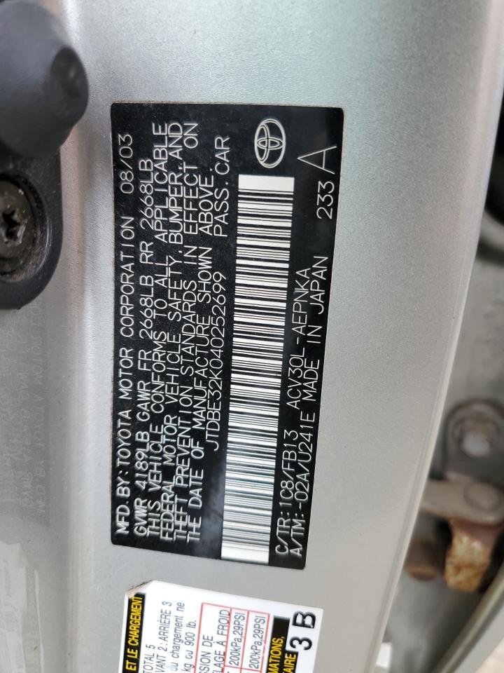 JTDBE32K040252699 2004 Toyota Camry Le
