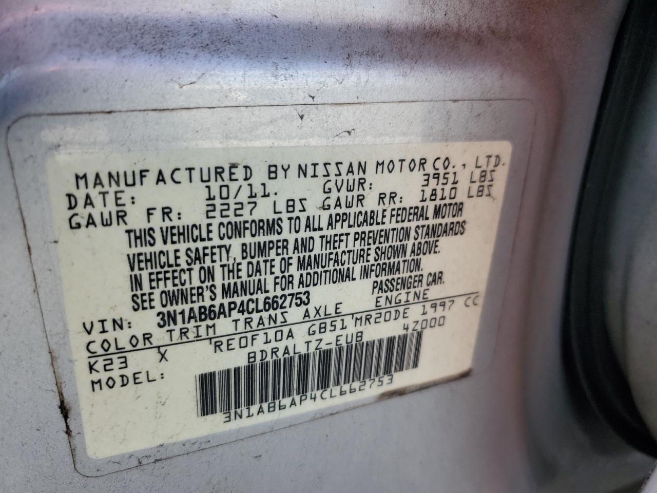 3N1AB6AP4CL662753 2012 Nissan Sentra 2.0