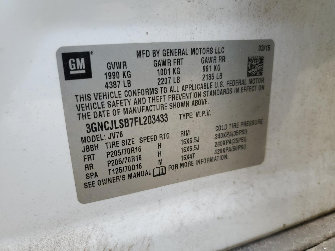 3GNCJLSB7FL203433 2015 Chevrolet Trax 1Lt