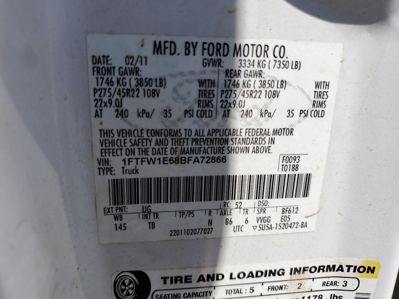 1FTFW1E68BFA72866 2011 Ford F150 Supercrew