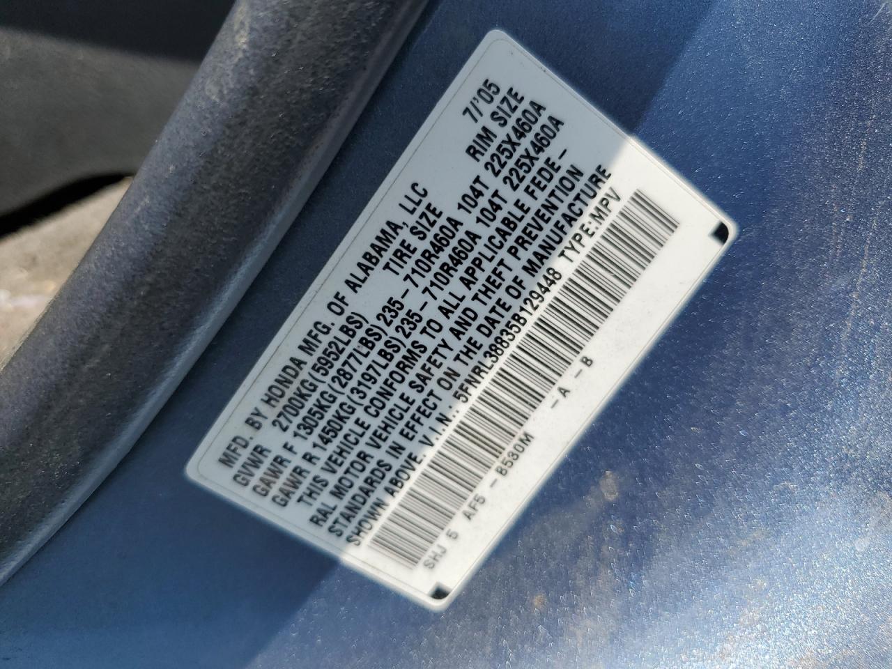 5FNRL38835B129448 2005 Honda Odyssey Touring