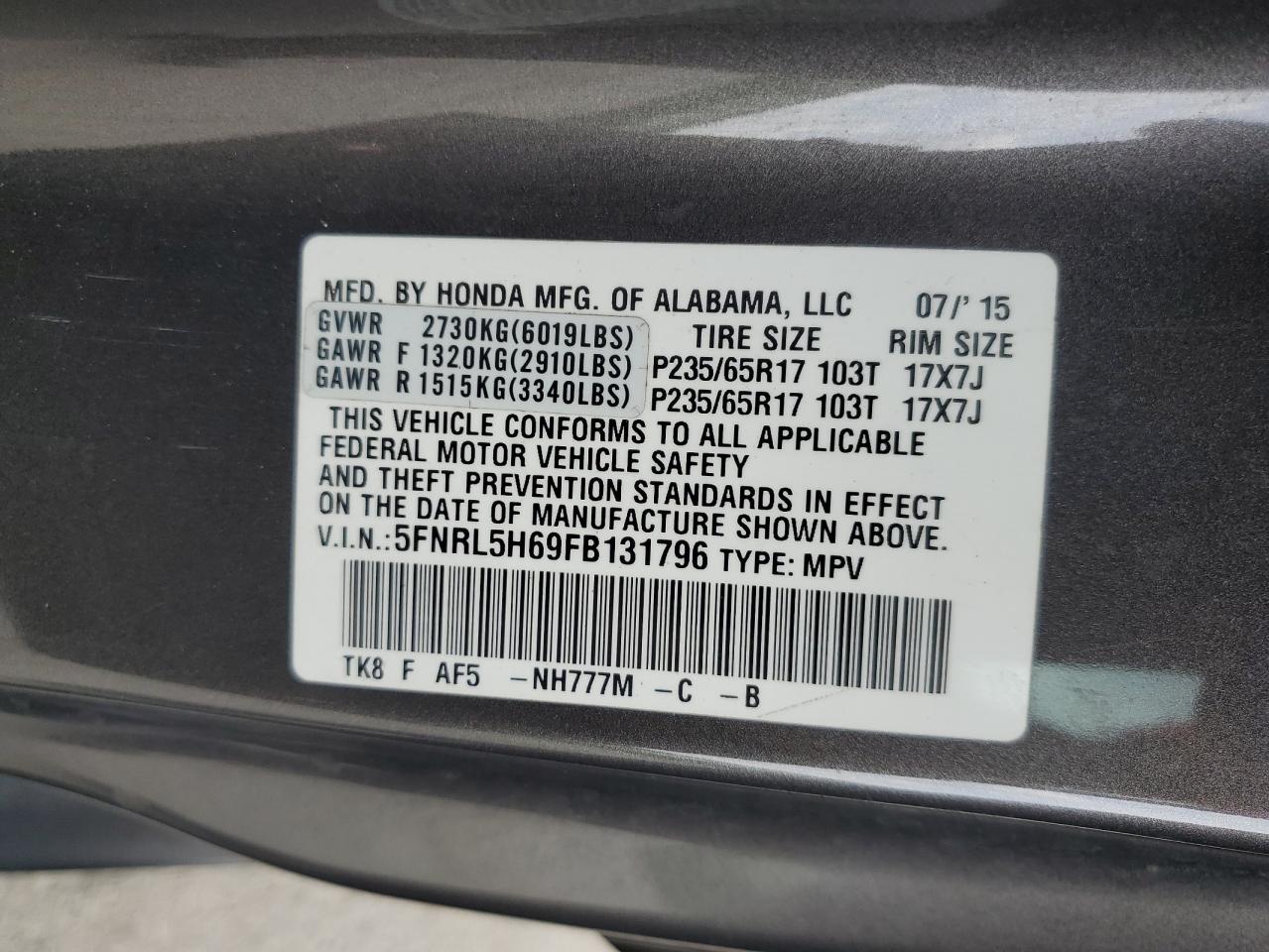 5FNRL5H69FB131796 2015 Honda Odyssey Exl