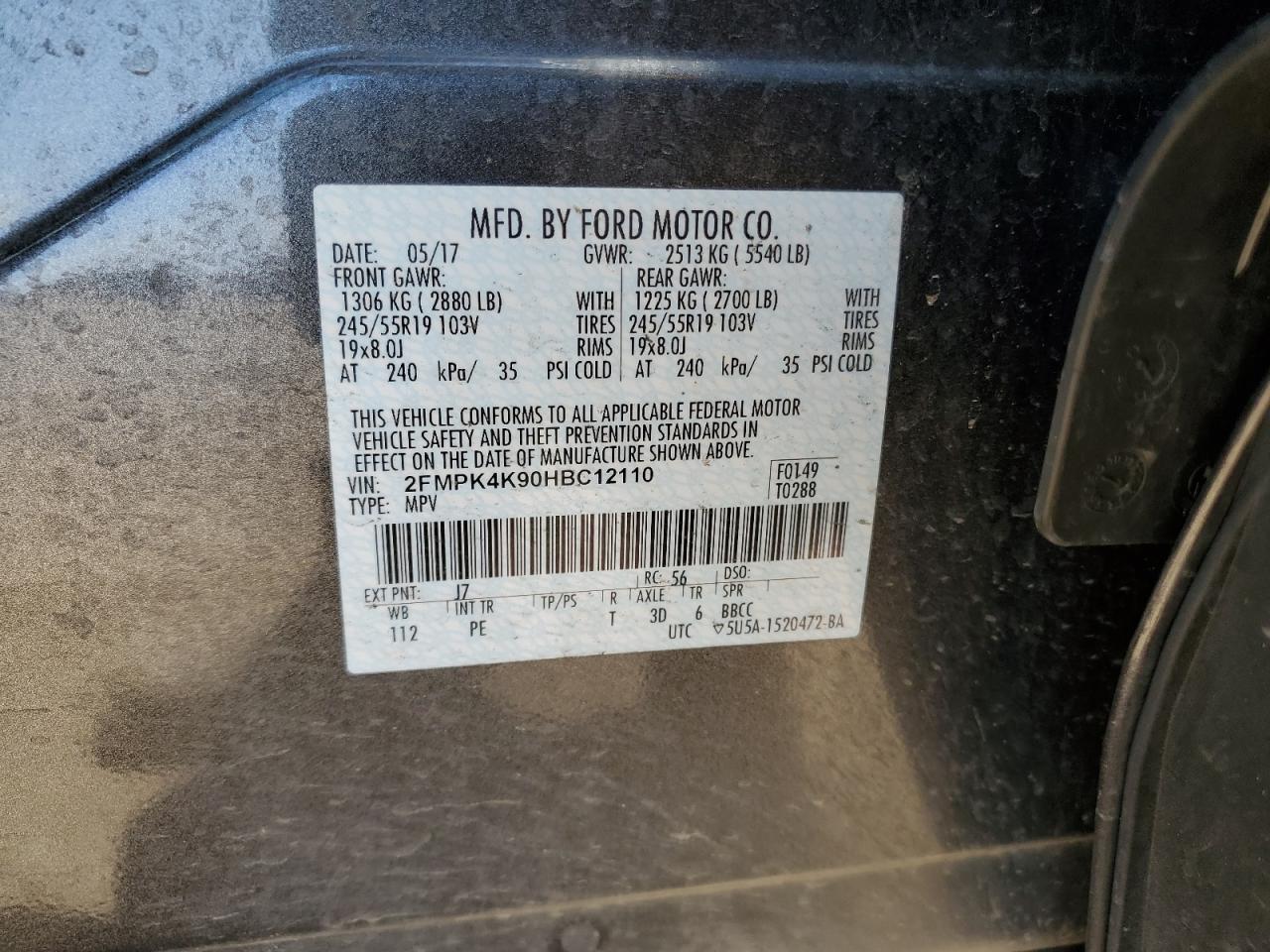 2FMPK4K90HBC12110 2017 Ford Edge Titanium