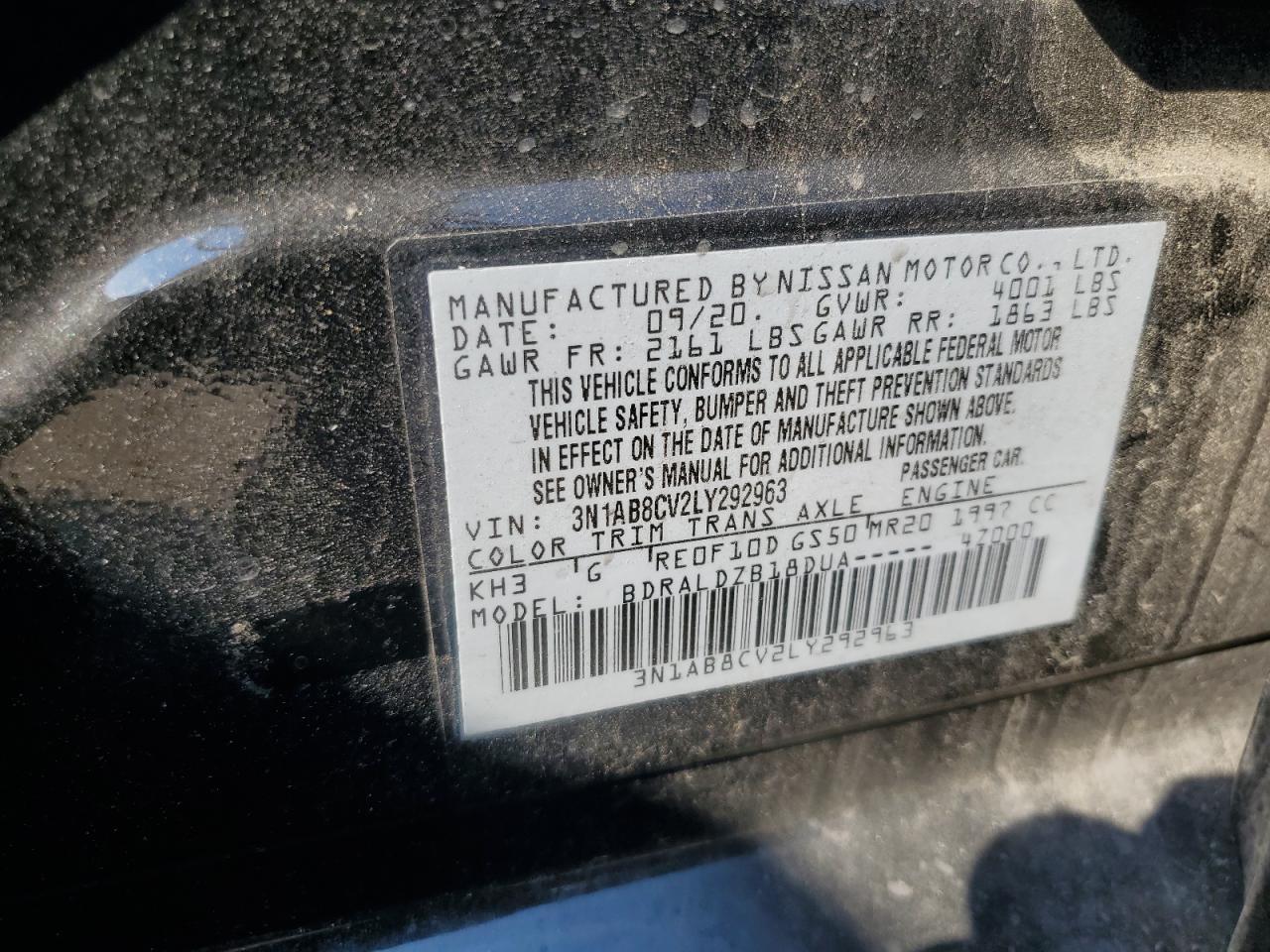 3N1AB8CV2LY292963 2020 Nissan Sentra Sv