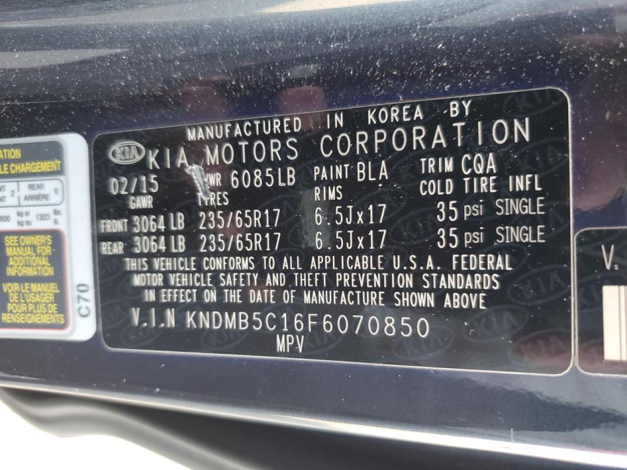 KNDMB5C16F6070850 2015 Kia Sedona Lx