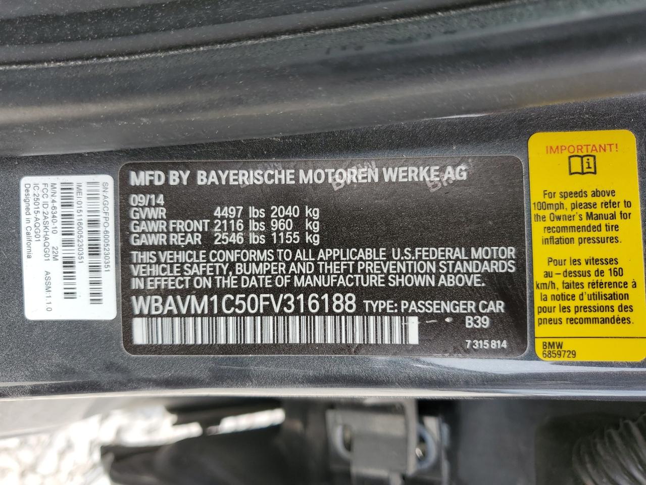 WBAVM1C50FV316188 2015 BMW X1 Sdrive28I