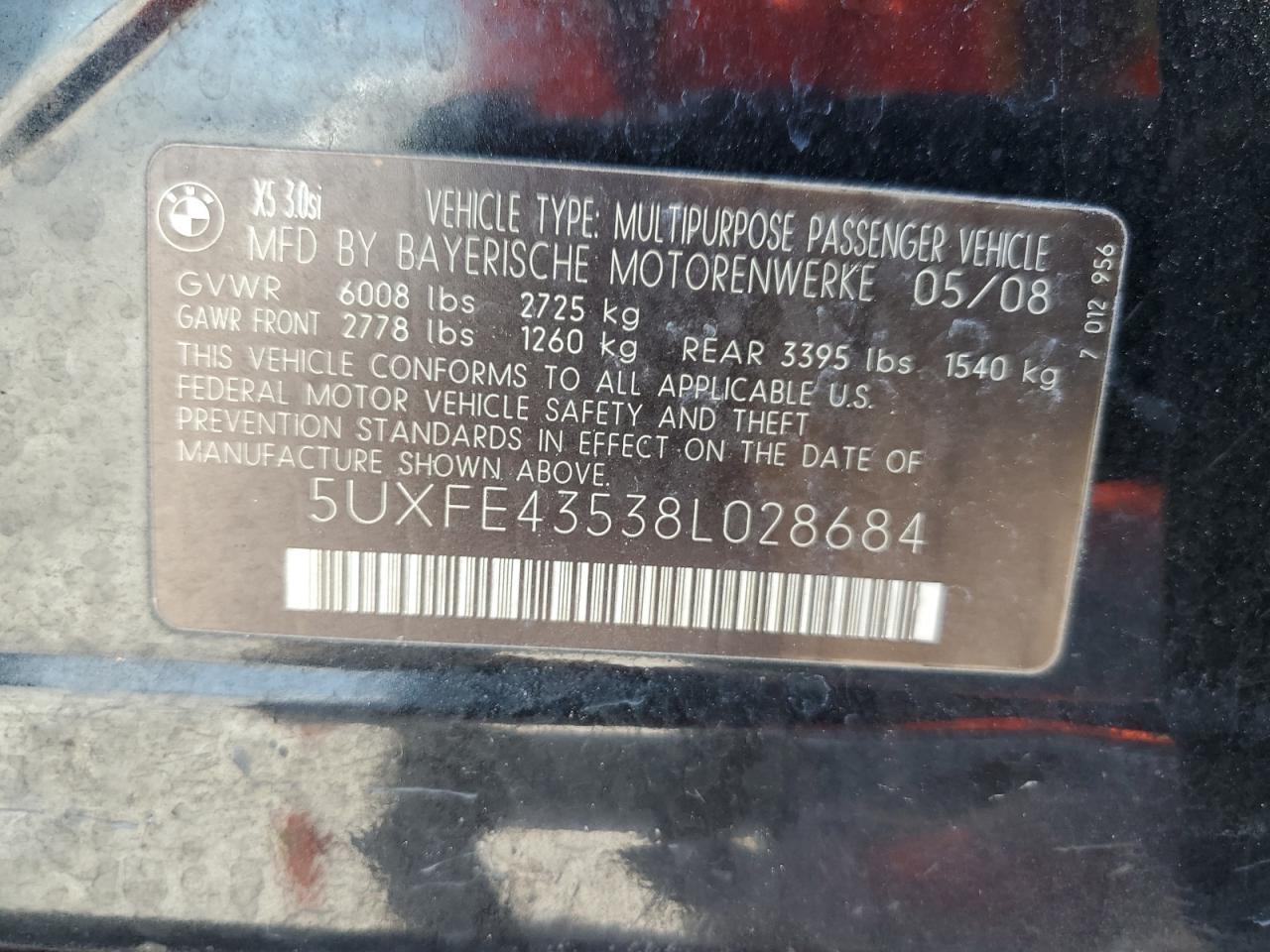 5UXFE43538L028684 2008 BMW X5 3.0I