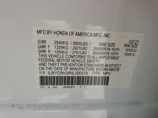 2022 Acura Mdx VIN: 5J8YD9H34NL000519 Lot: 58089394