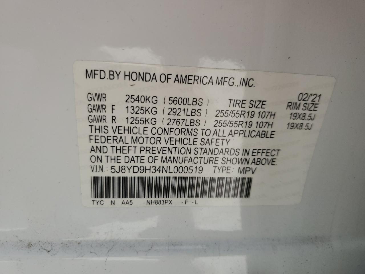 5J8YD9H34NL000519 2022 Acura Mdx