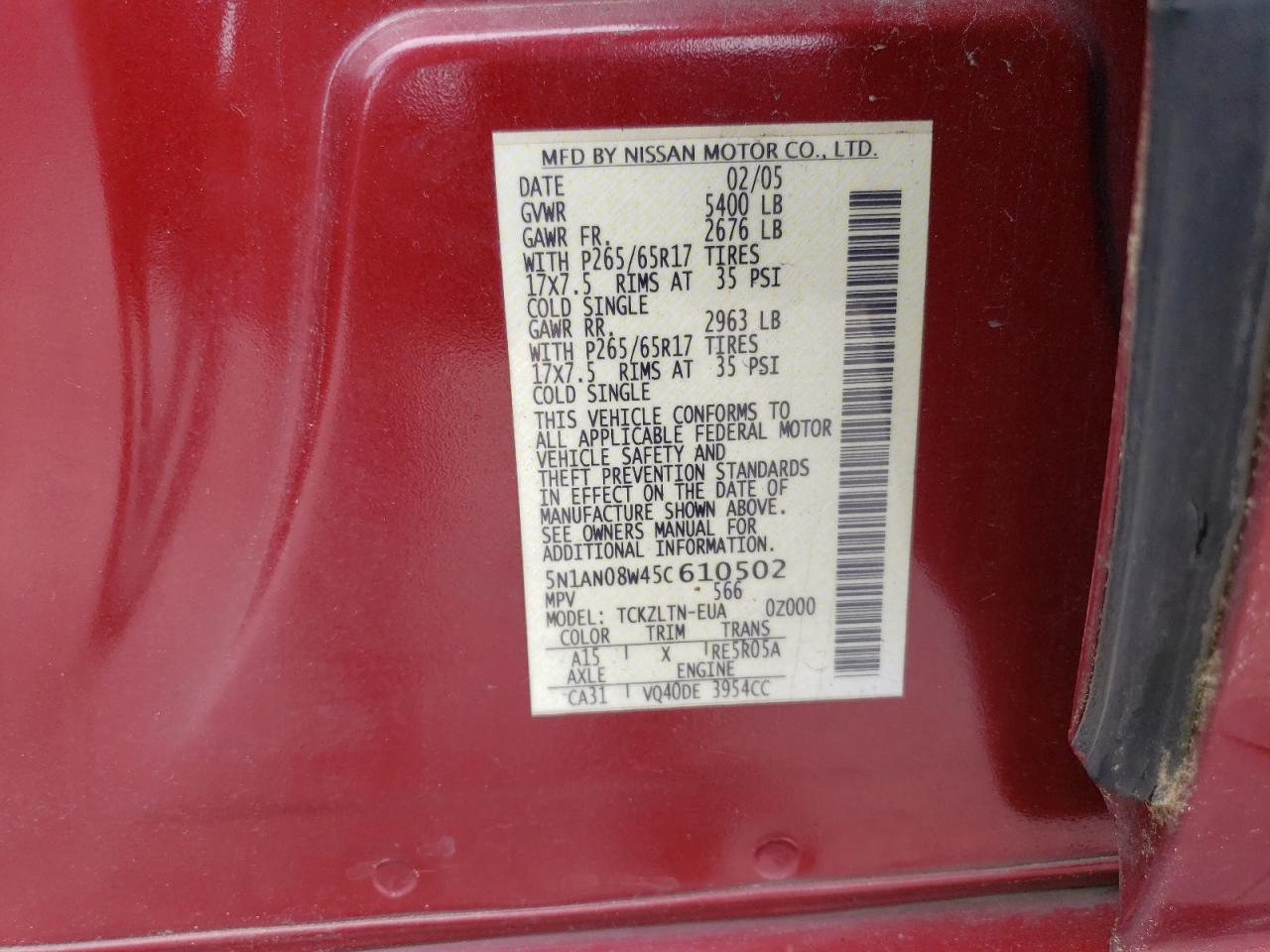 5N1AN08W45C610502 2005 Nissan Xterra Off Road