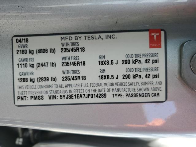 2018 Tesla Model 3 VIN: 5YJ3E1EA7JF014289 Lot: 60878444