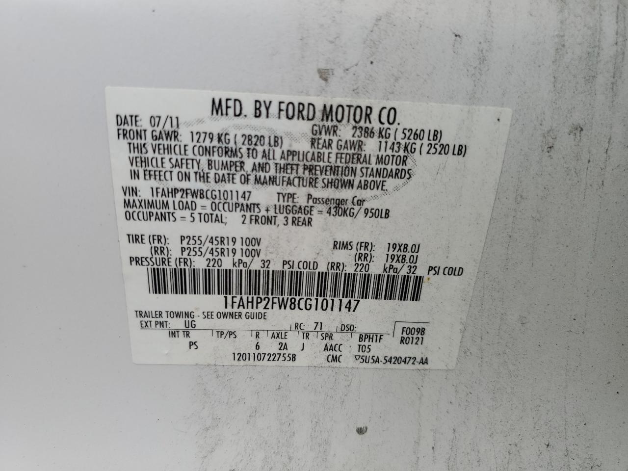 1FAHP2FW8CG101147 2012 Ford Taurus Limited