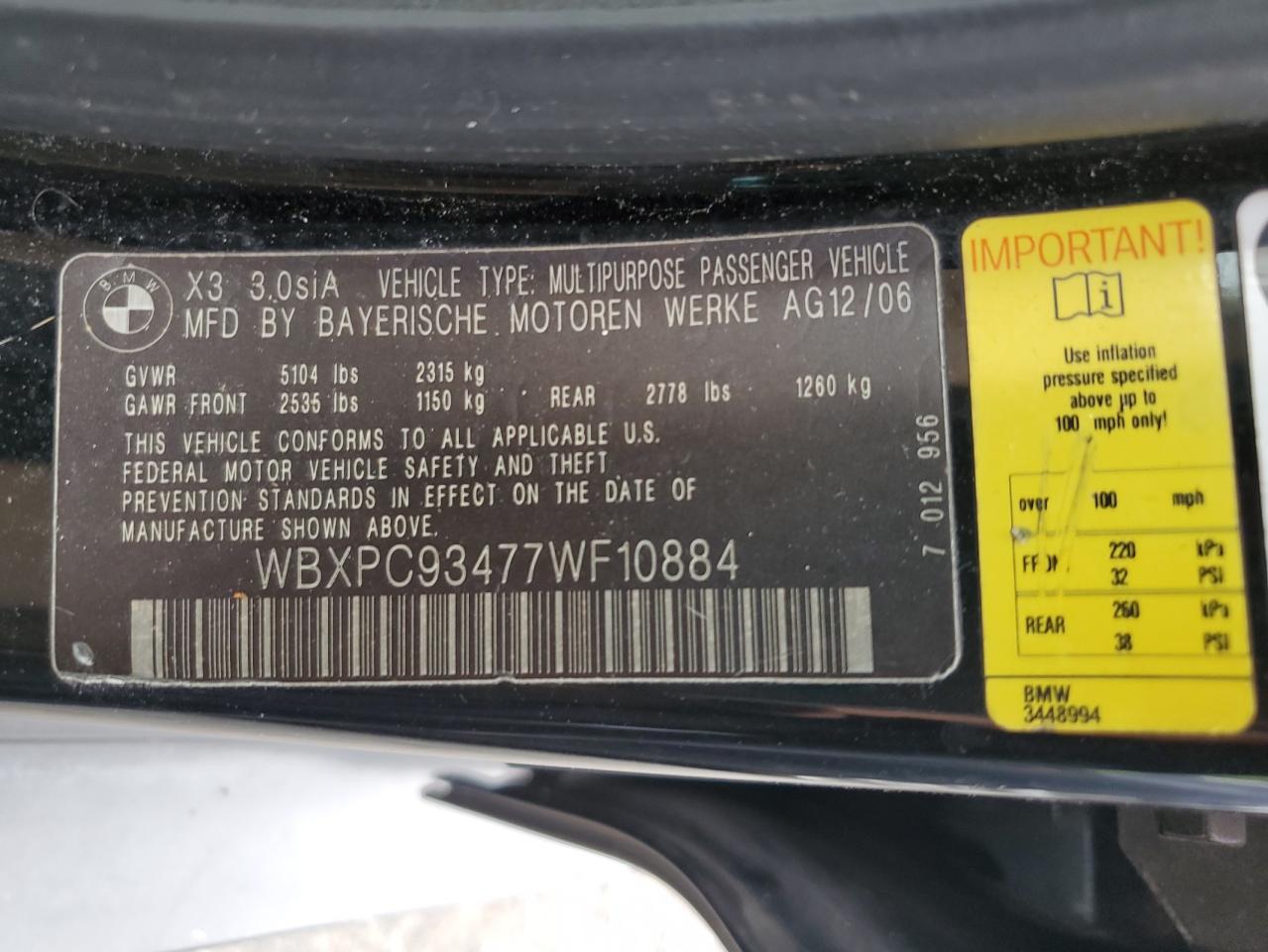 WBXPC93477WF10884 2007 BMW X3 3.0Si