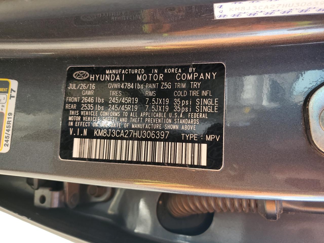 KM8J3CA27HU306397 2017 Hyundai Tucson Limited