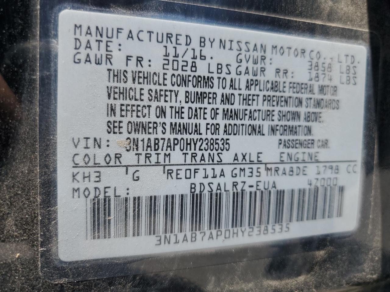 3N1AB7AP0HY238535 2017 Nissan Sentra S