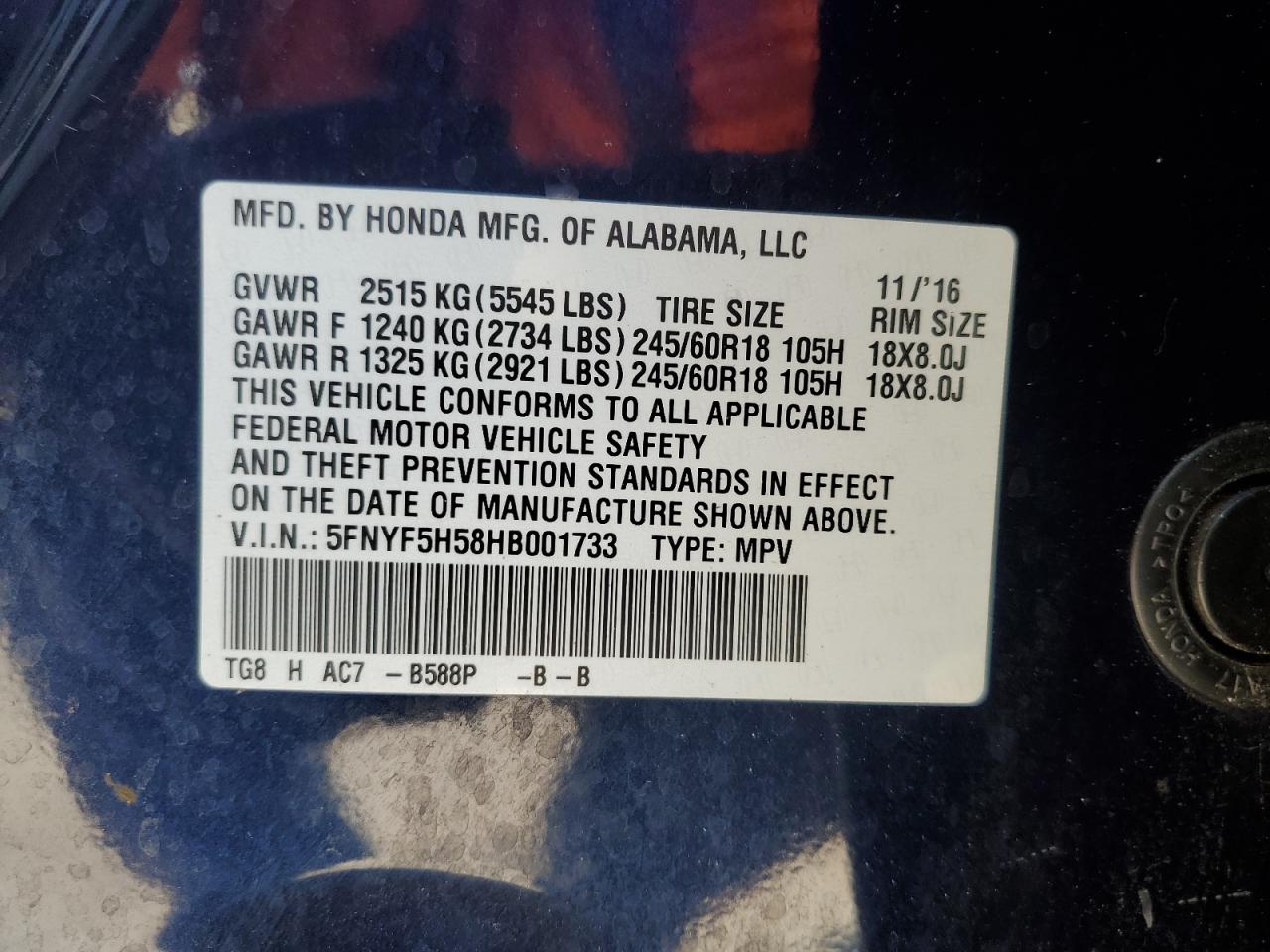 5FNYF5H58HB001733 2017 Honda Pilot Exl