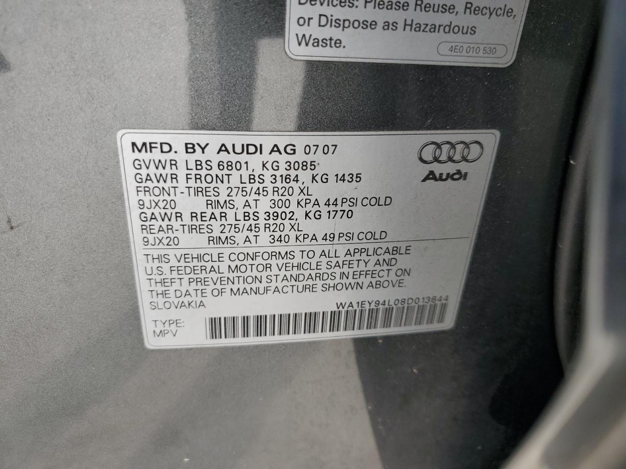 WA1EY94L08D013644 2008 Audi Q7 3.6 Quattro Premium S-Line