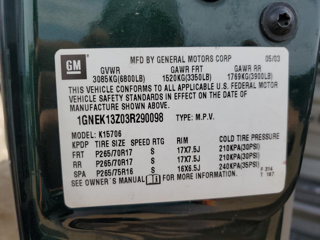 1GNEK13Z03R290098 2003 Chevrolet Tahoe K1500