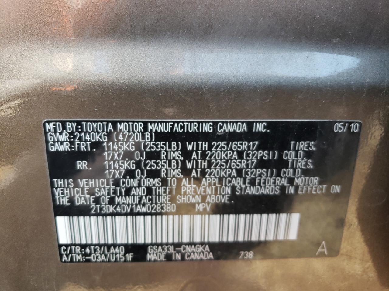 2T3DK4DV1AW028380 2010 Toyota Rav4 Limited