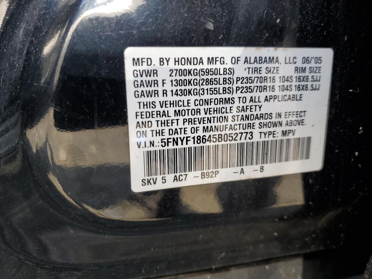 5FNYF18645B052773 2005 Honda Pilot Exl