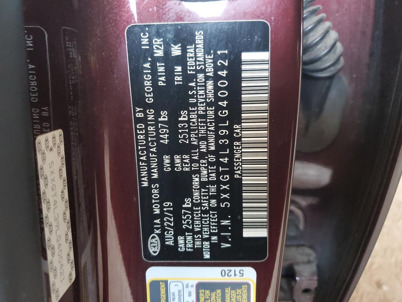 5XXGT4L39LG400421 2020 Kia Optima Lx