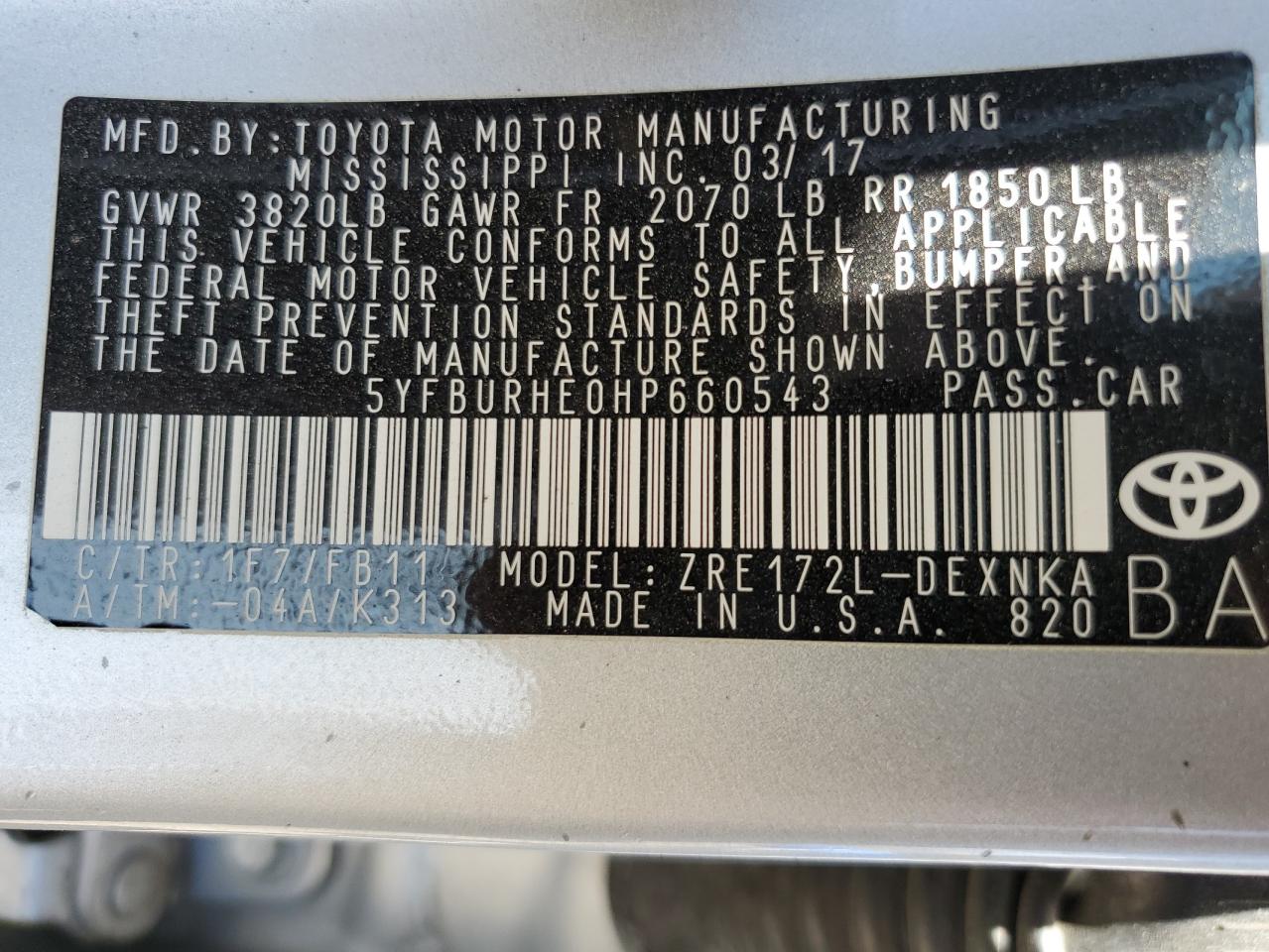 5YFBURHE0HP660543 TOYOTA COROLLA 2017