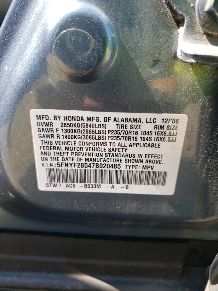 5FNYF28547B020485 2007 Honda Pilot Exl