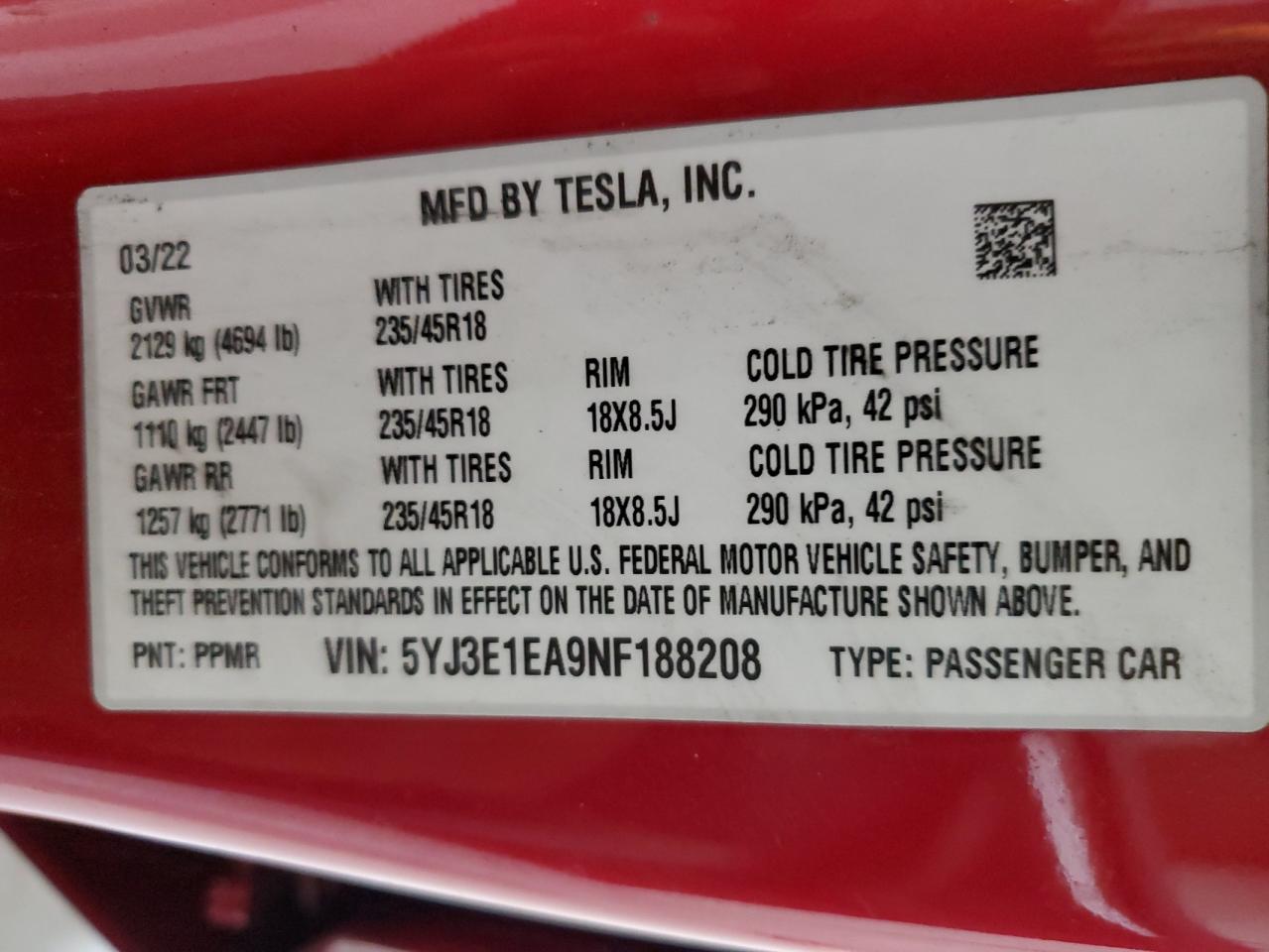 5YJ3E1EA9NF188208 2022 Tesla Model 3